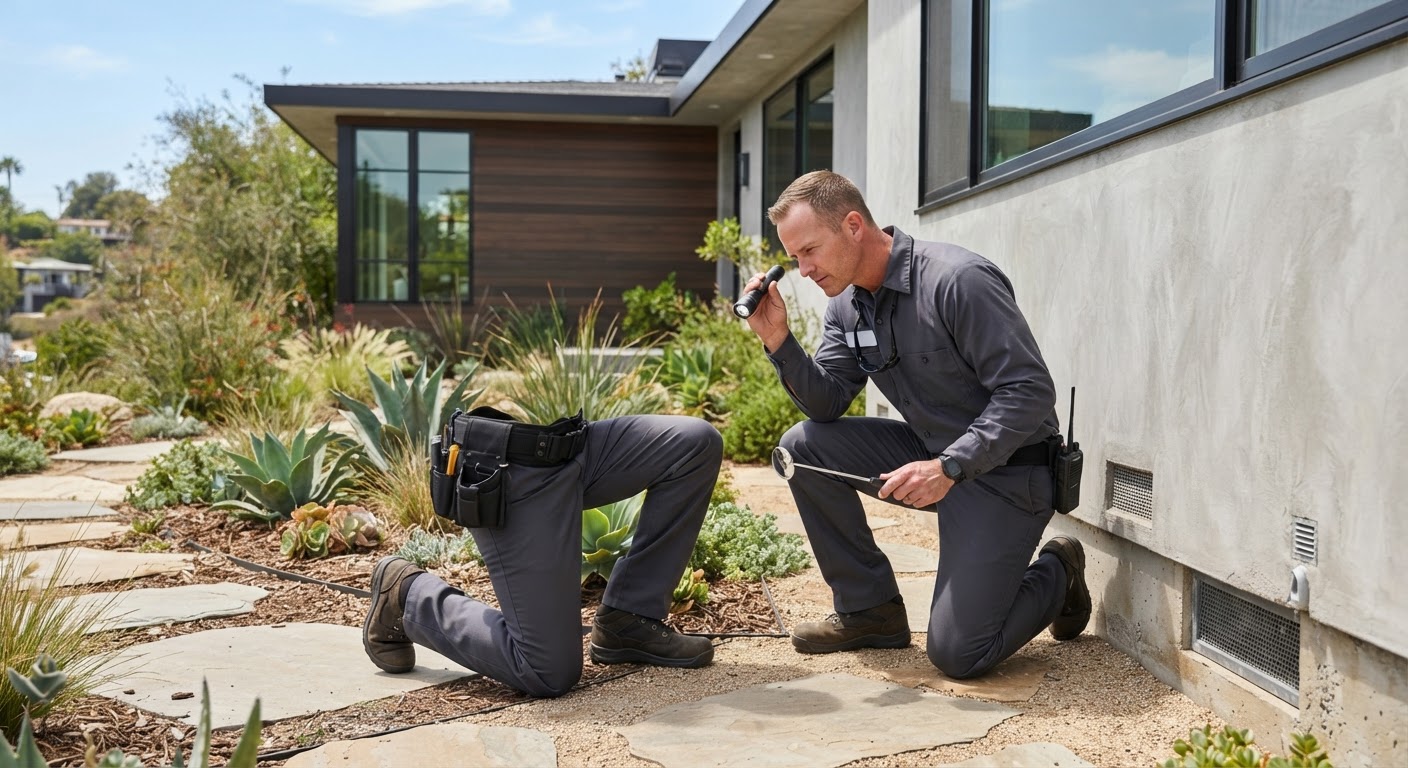 Pest control technician inspecting residential foundation in Los Angeles