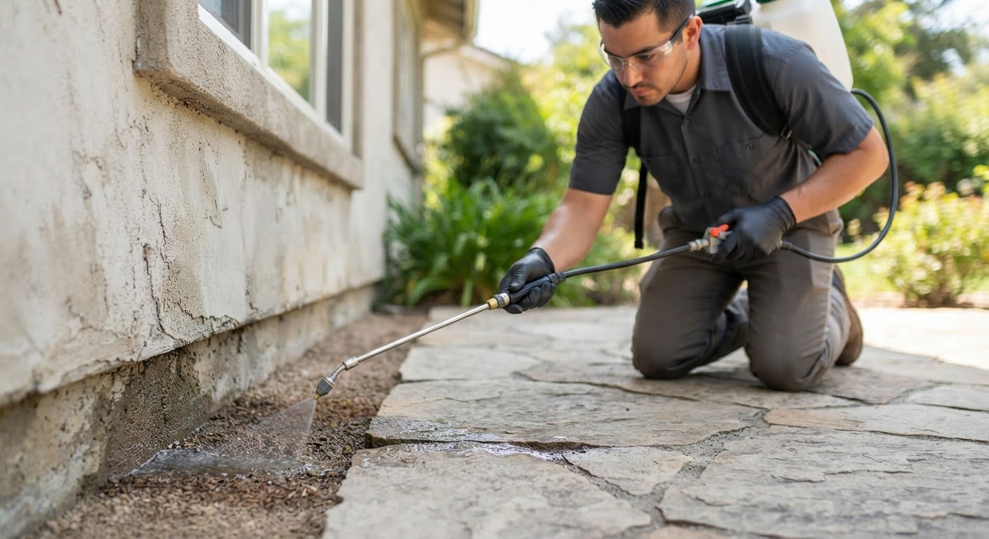 Precision application of pest control barrier around house perimeter