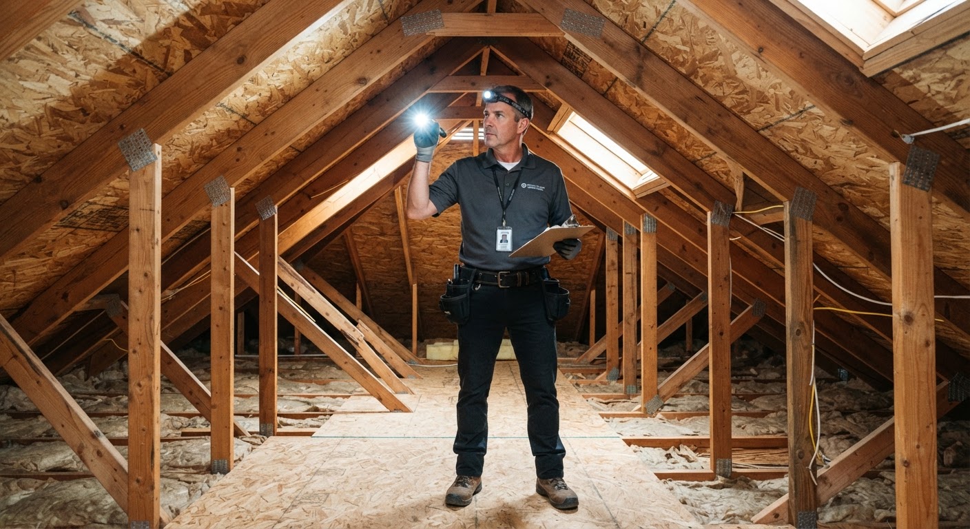 Technician checking structural timber beams for signs of termites