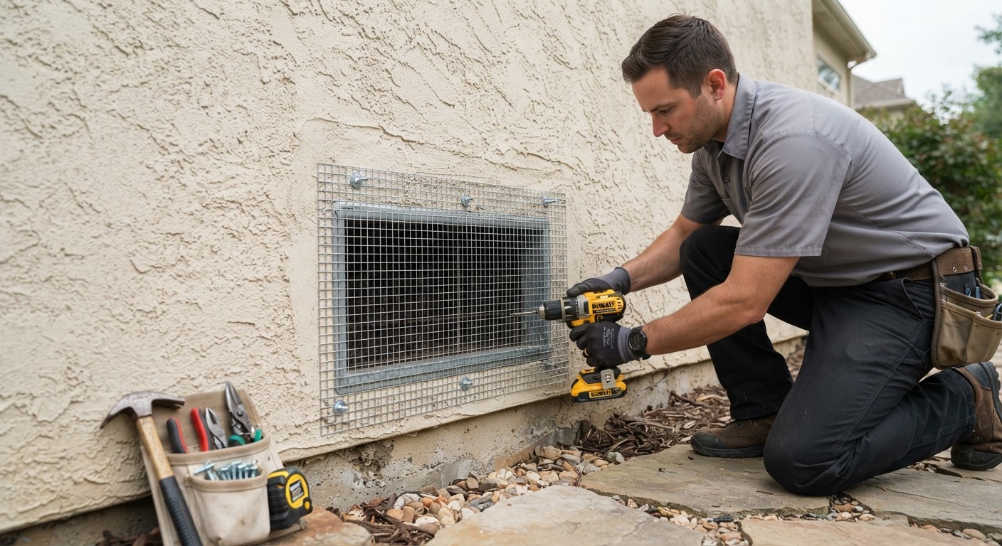 Rodent exclusion mesh installation on exterior crawlspace vent