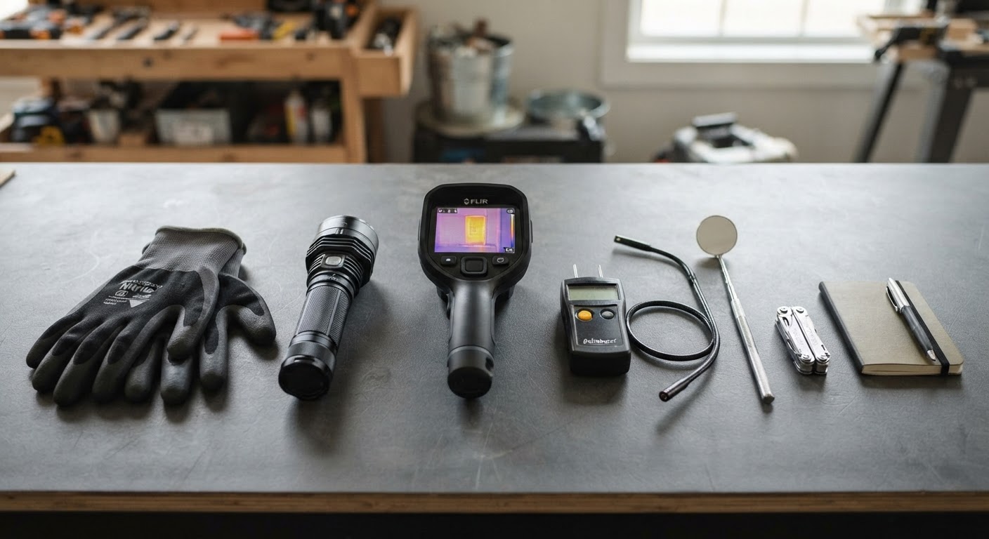 Modern pest inspection and application tools neatly arranged